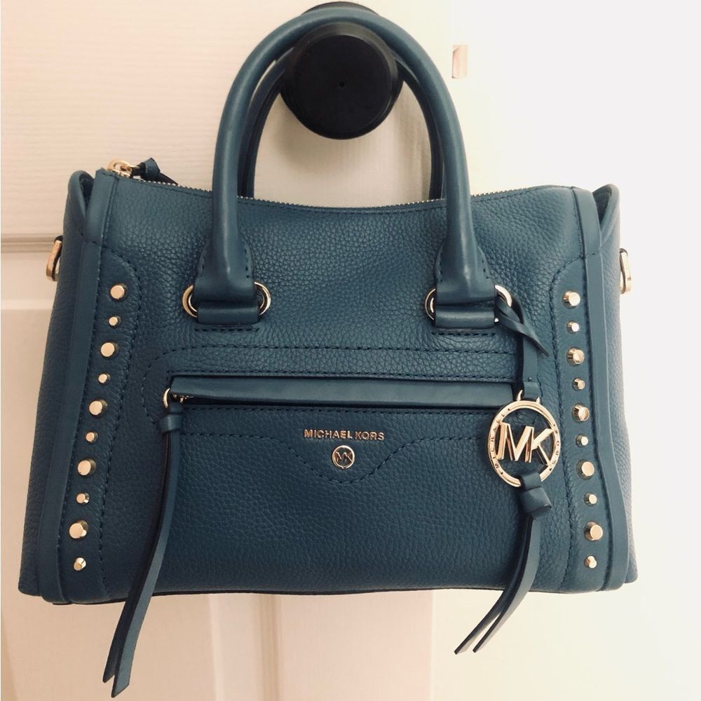 Michael Kors Carine Small Studded Pebble Grain Soft Teal Satchel Gold Accents